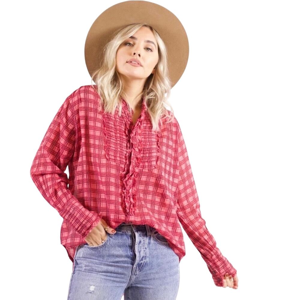 FREE PEOPLE ONE Women’s Boho Pink Plaid Mile’s Tuxedo Ruffle Front Top - Picture 1 of 6